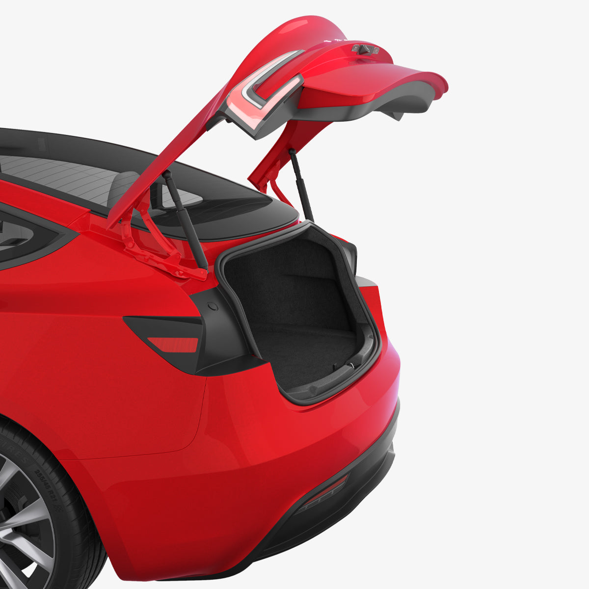 ACP11540 - Tesla Series Trunk Sill Guard 3D rendering of a red Tesla Model 3 with the trunk hatch open, showing the empty cargo area