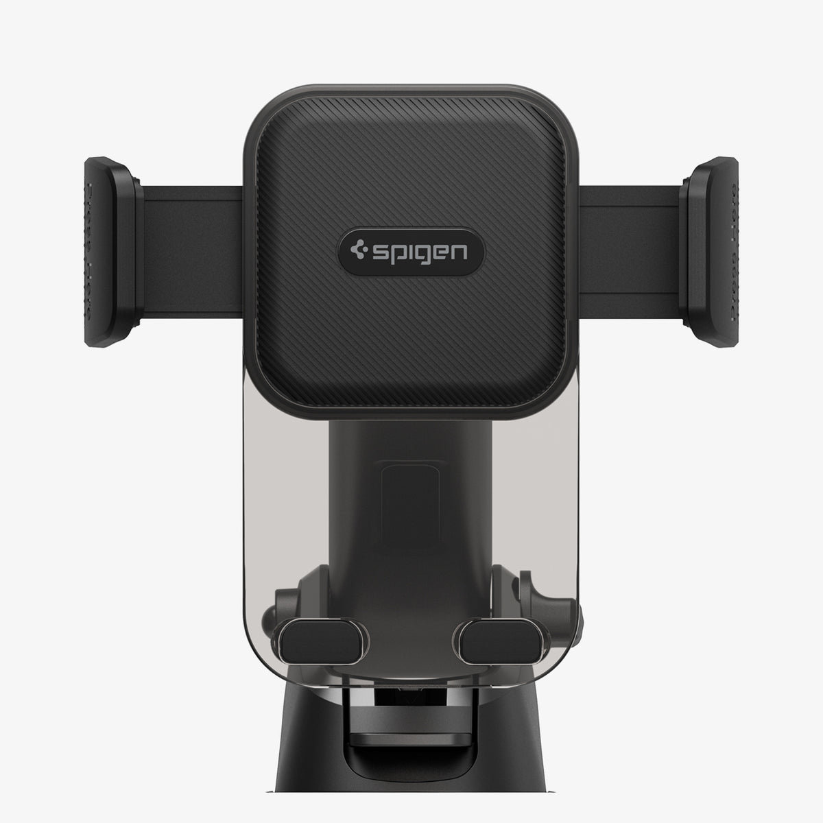 ACP08312 - Universal Dashboard Car Mount | TS35-1 showing front close-up render of car mount head with textured diagonal grip pad Spigen logo silicone padded bracket arms and bottom foot supports