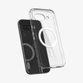 ACS09043 - Pixel 9a Case Ultra Hybrid Metal Ring (MagFit) in Clear White showing the back, partial side and bottom hovering in front of the device