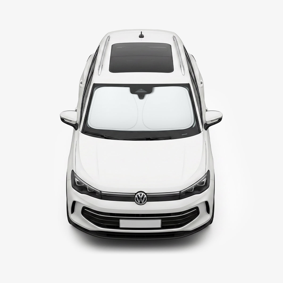 ACP11460 - Universal CryoShade UO260 M showing sunshade installed inside windshield of white volkswagen sedan viewed from front exterior