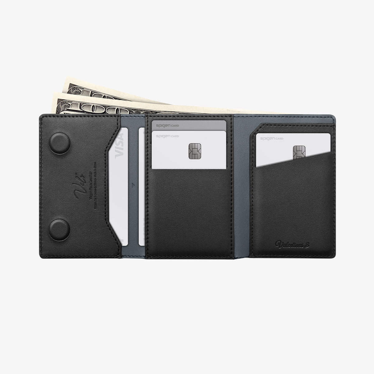 AFA09133 - MagSafe Card Holder Valentinus S (MagFit) in Black showing the inner with cards and paper bills inserted