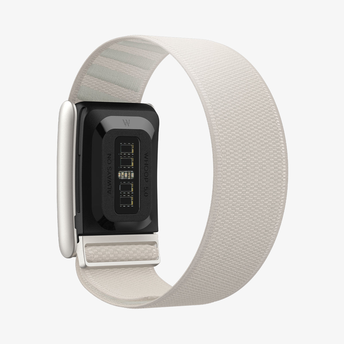AMP10188 - WHOOP 5.0 fabric band starlight rear view showing sensor module mounted in Spigen band with woven exterior ribbed interior and metal clasp for secure fit