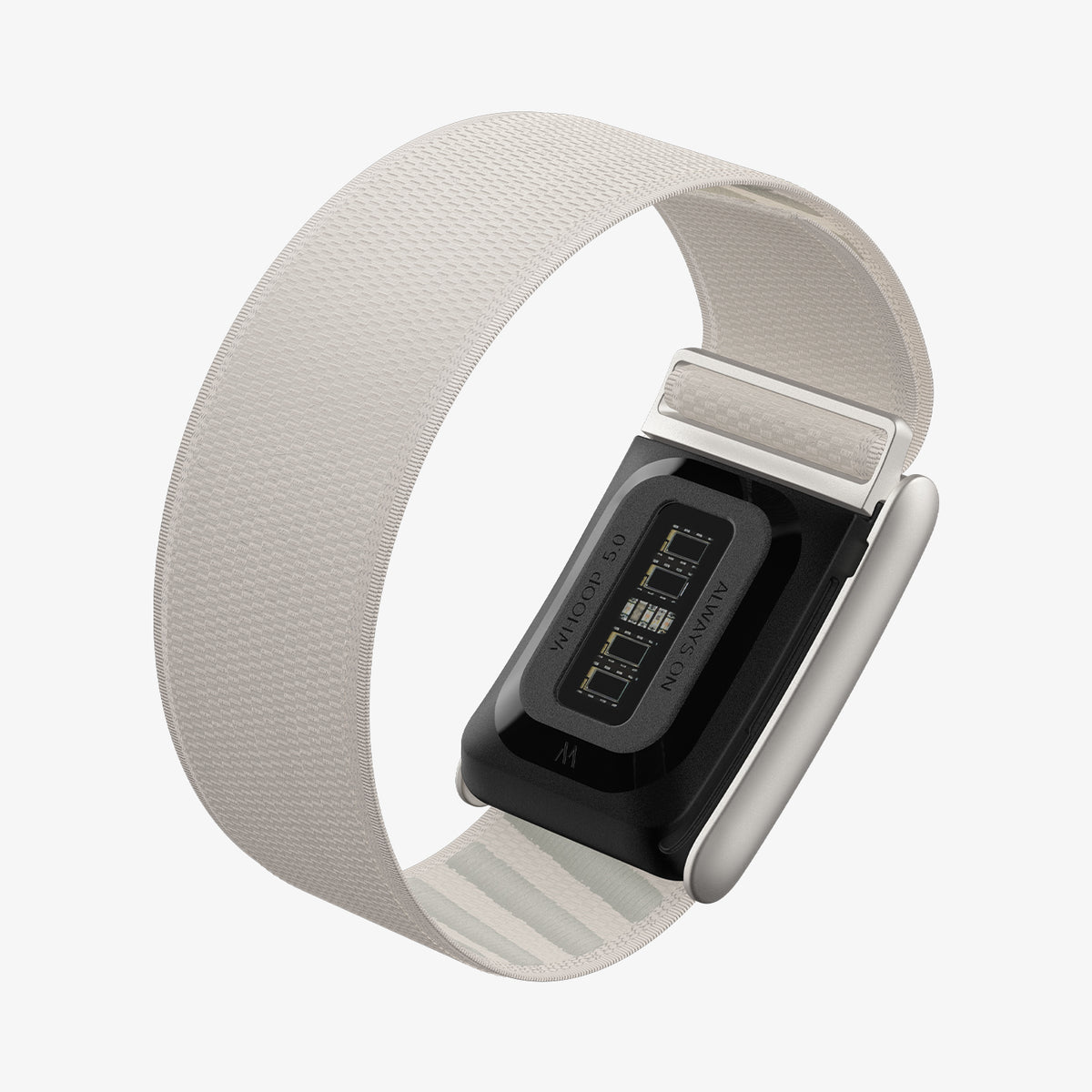 AMP10188 - WHOOP 5.0 fabric band starlight angled rear view showing integrated sensor module adjustable woven fabric strap and metal clasp