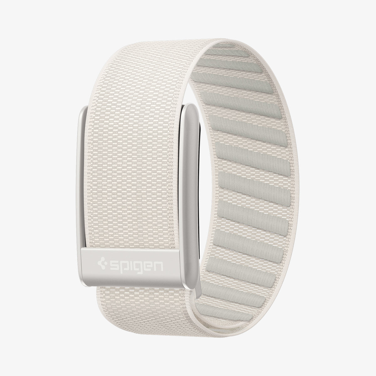 AMP10188 - WHOOP 5.0 fabric band starlight angled view showing Spigen metal clasp woven exterior texture and ribbed interior lining for comfort and secure fit