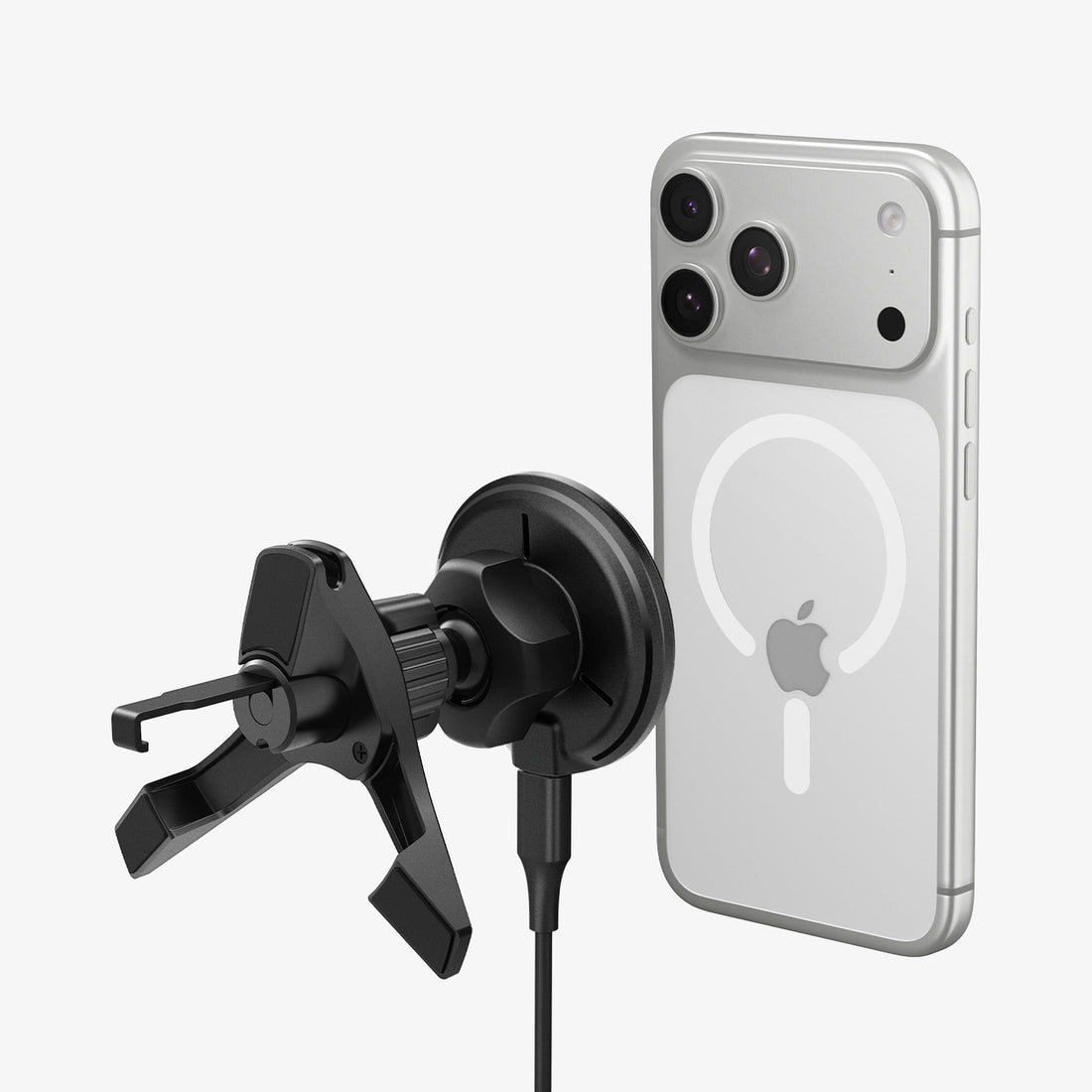 ACP10513 - Spigen Essential Qi2 Wireless Car Charger mounted on air vent holding iPhone with MagSafe alignment