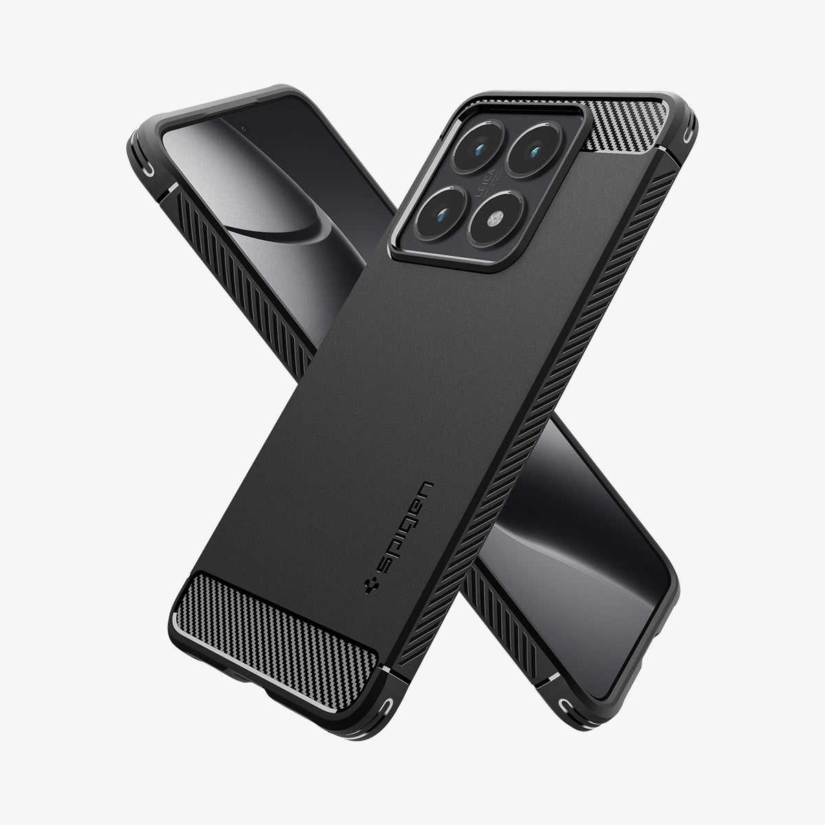ACS08857 - Xiaomi 14T Case Rugged Armor in Matte Black showing the back, partial side. Behind it, showing partial front and side