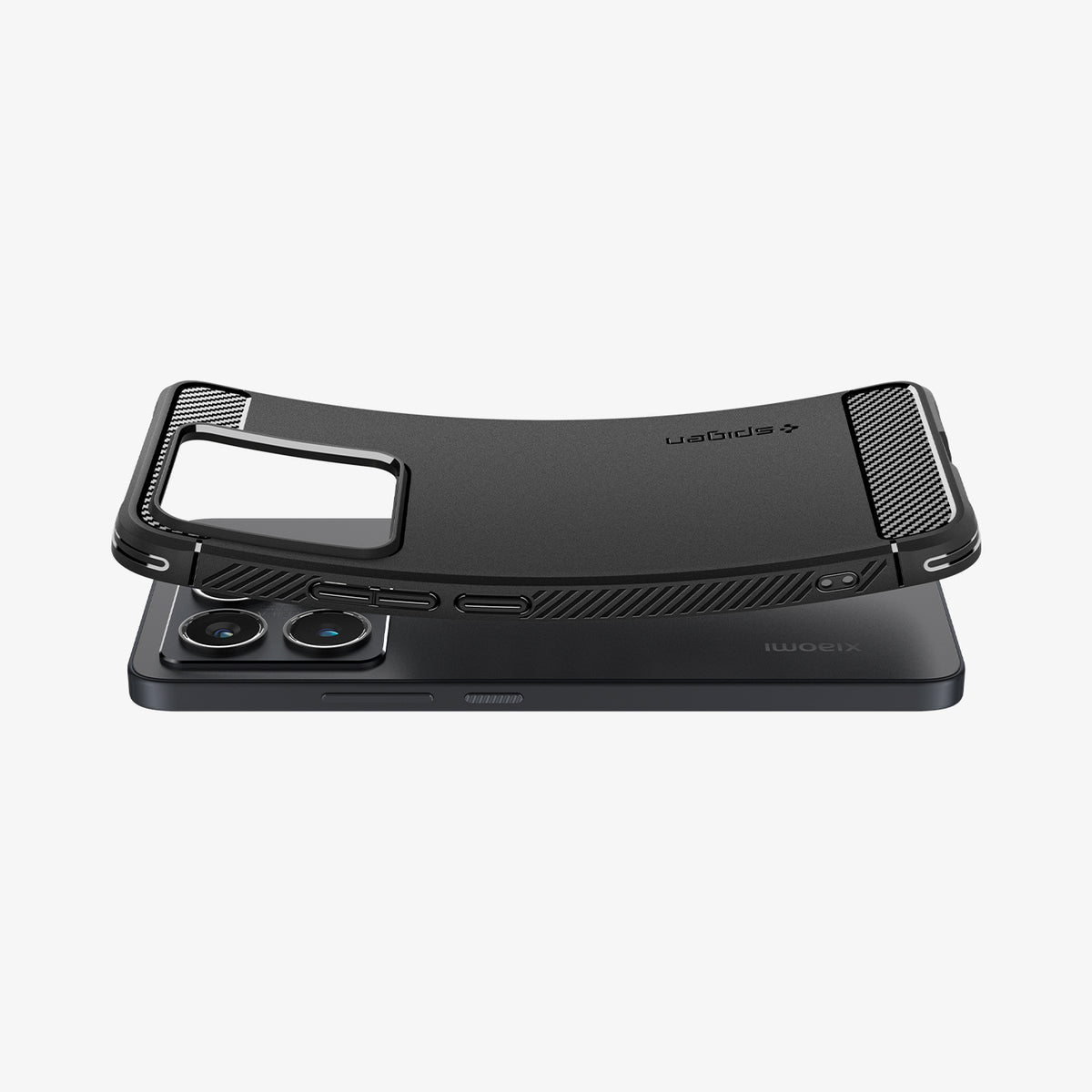 ACS08858 - Xiaomi 14T Pro Case Rugged Armor in Matte Black showing the back, partially bent while hovering above the device
