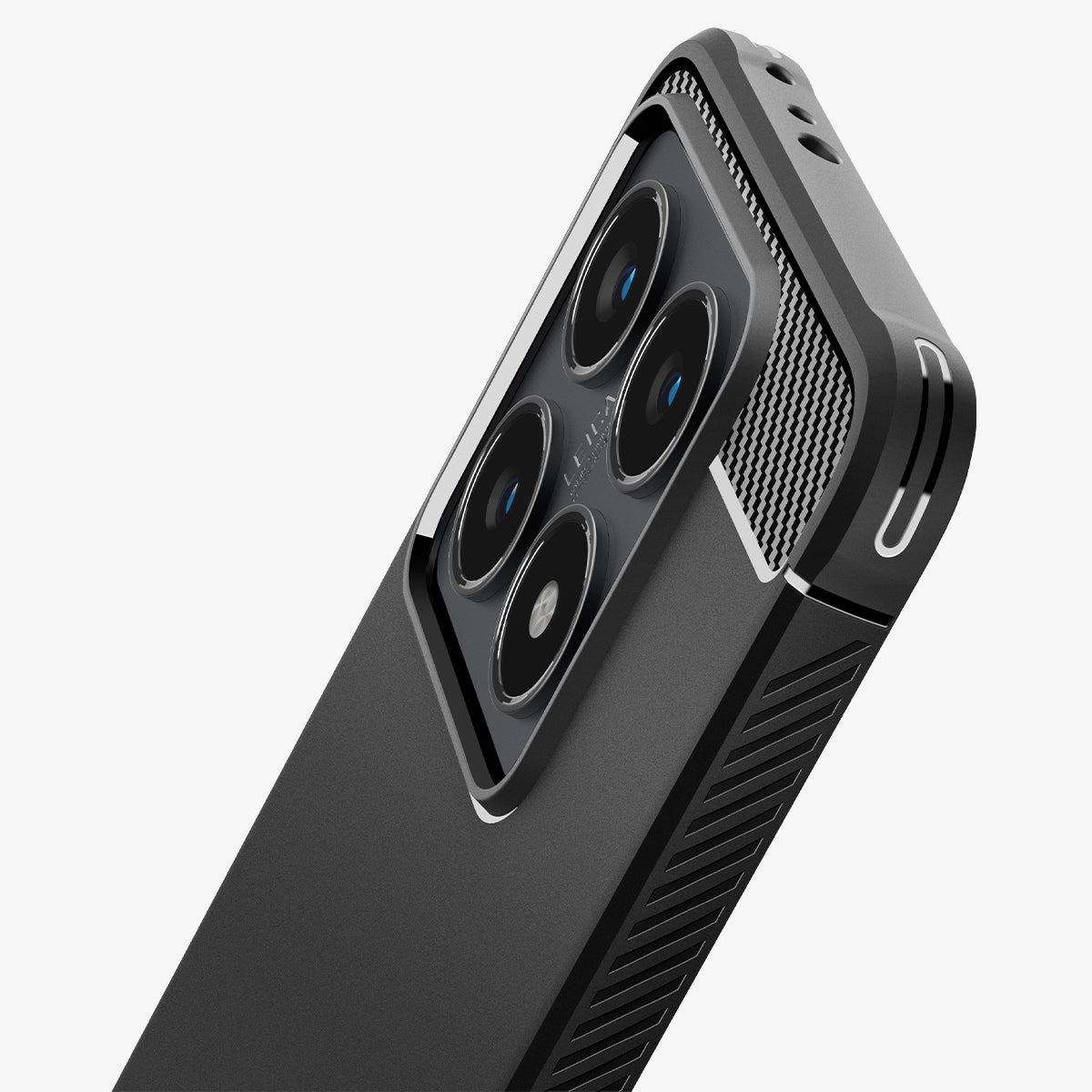 ACS08857 - Xiaomi 14T Case Rugged Armor in Matte Black showing the back and top, focused on camera zoomed in