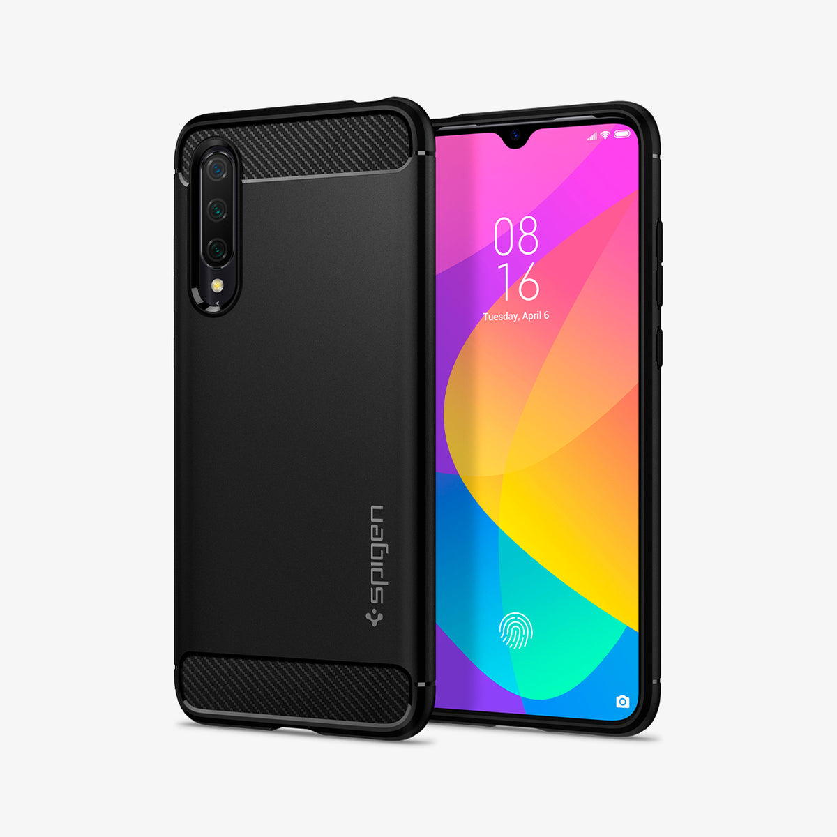 S52CS26400  - Xiaomi Mi 9 Lite Case Rugged Armor in  Matte Black showing the back, next to it, a device showing front