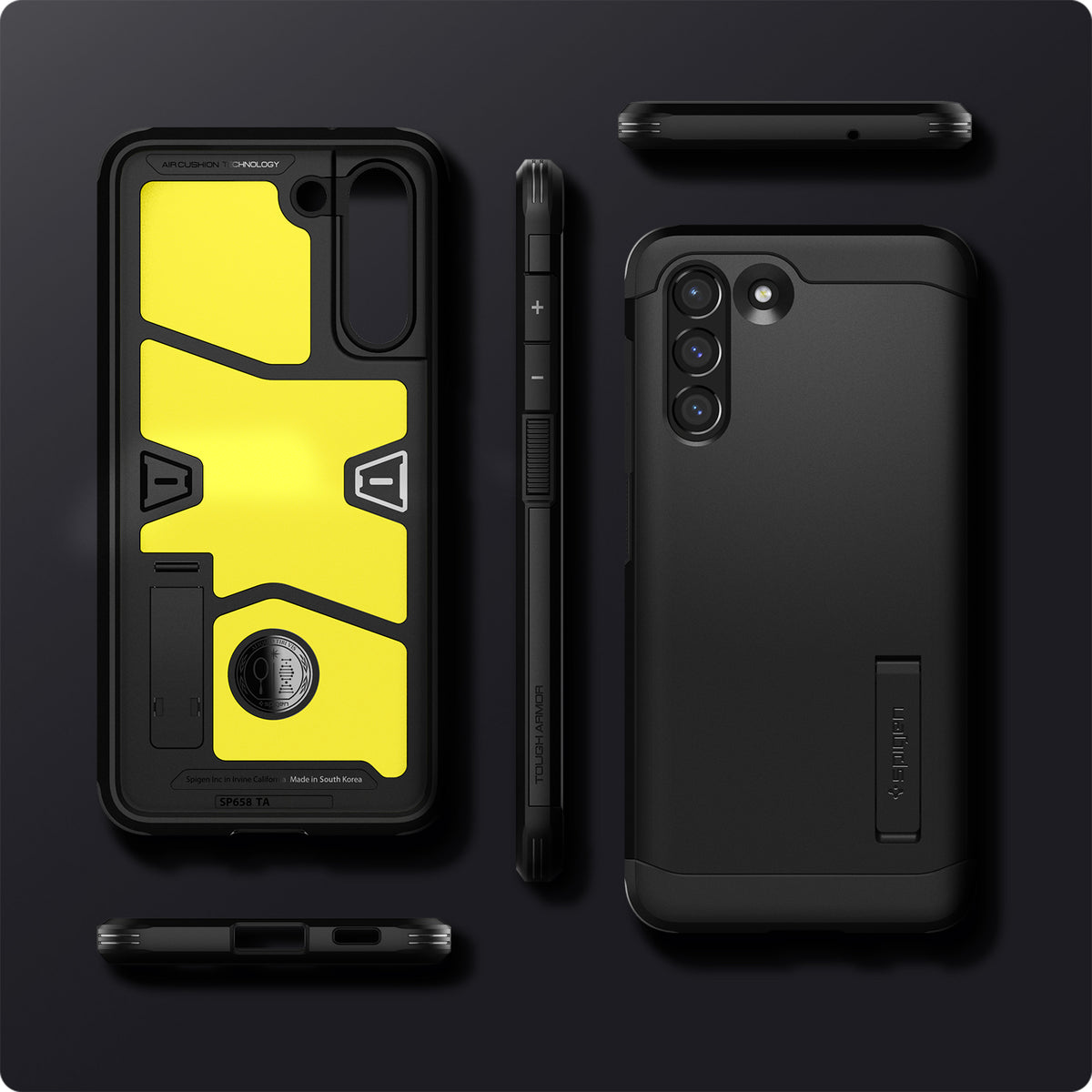 ACS03059 - Galaxy S21 FE Tough Armor Case in black  showing back and front of phone case.
