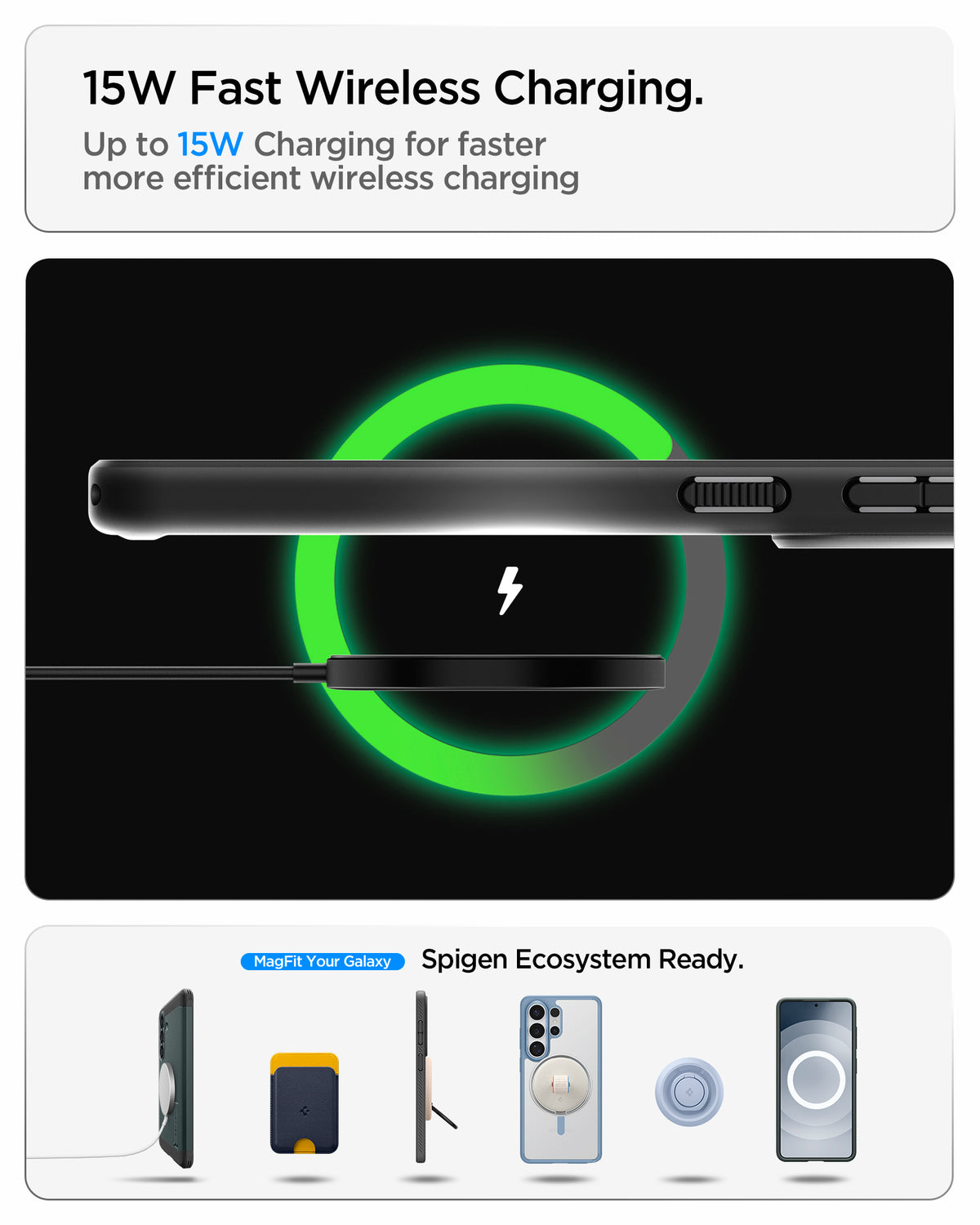 ACS11066 - Showing the 15W fast wireless charging. Up to 15W charging for faster more efficient wireless charging.