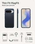 ACS09700 - Pixel 10, Pixel 10 Pro Thin Fit (MagFit) in Metal Slate showing the quick case overview. Lifted edge protection, MagFit compatible, Aircushion technology, slim design, tactile buttons and wireless charging compatible