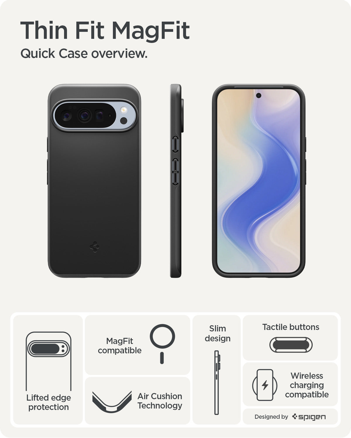 ACS09722 - Pixel 10 Pro XL Thin Fit (MagFit) in black showing the quick case overview. Lifted edge protection, MagFit compatible, Aircushion technology, slim design, tactile buttons and wireless charging compatible