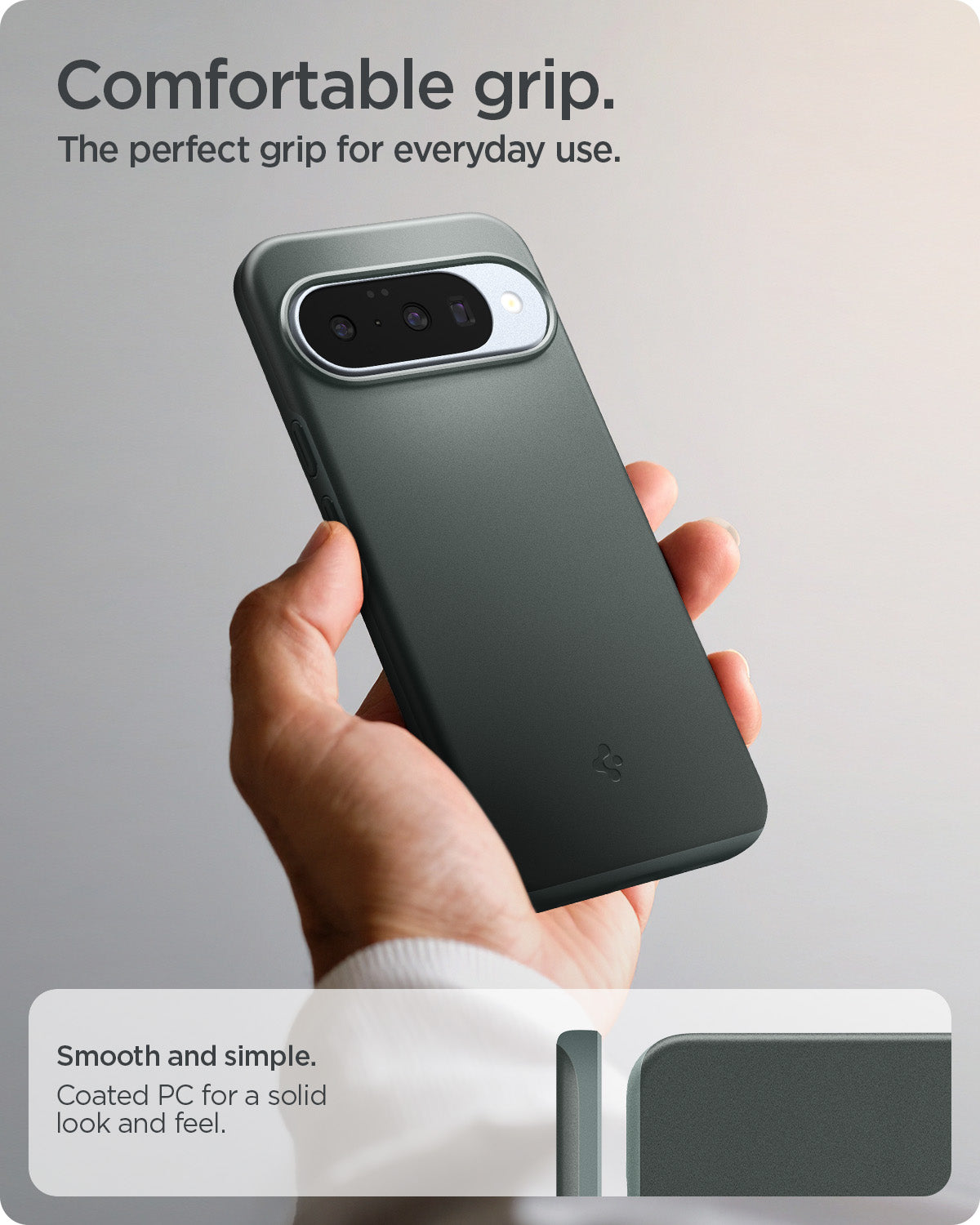 ACS09701 - Pixel 10, Pixel 10 Pro Thin Fit (MagFit) in Sage Green  showing comfortable grip. the perfect grip for everyday use.
