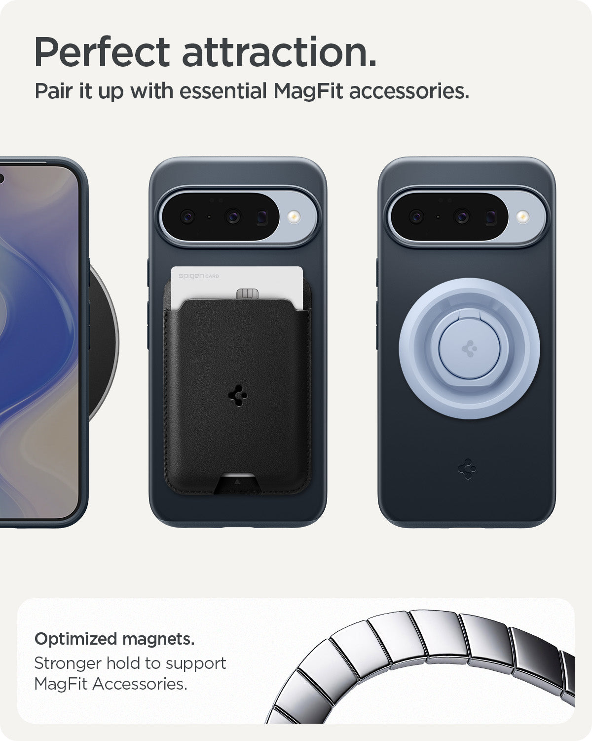 ACS09700 - Pixel 10, Pixel 10 Pro Thin Fit (MagFit) in Metal Slate  showing perfect attaction. pair it up with essential magfit accessories.