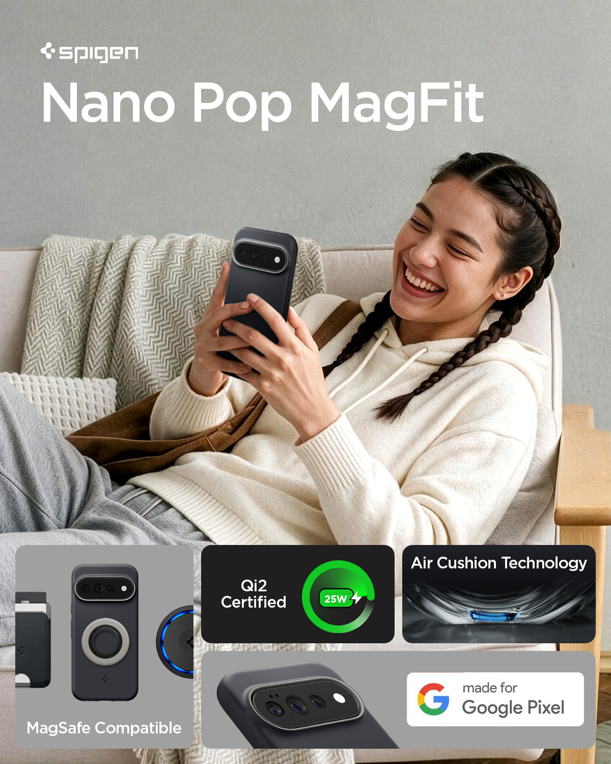 ACS11455 - Pixel 11 Pro XL Nano Pop (Mag Fit) Black Sesame person holding the Nano Pop MagFit case demonstrating magnetic compatibility, Qi2 certified charging, and everyday use.