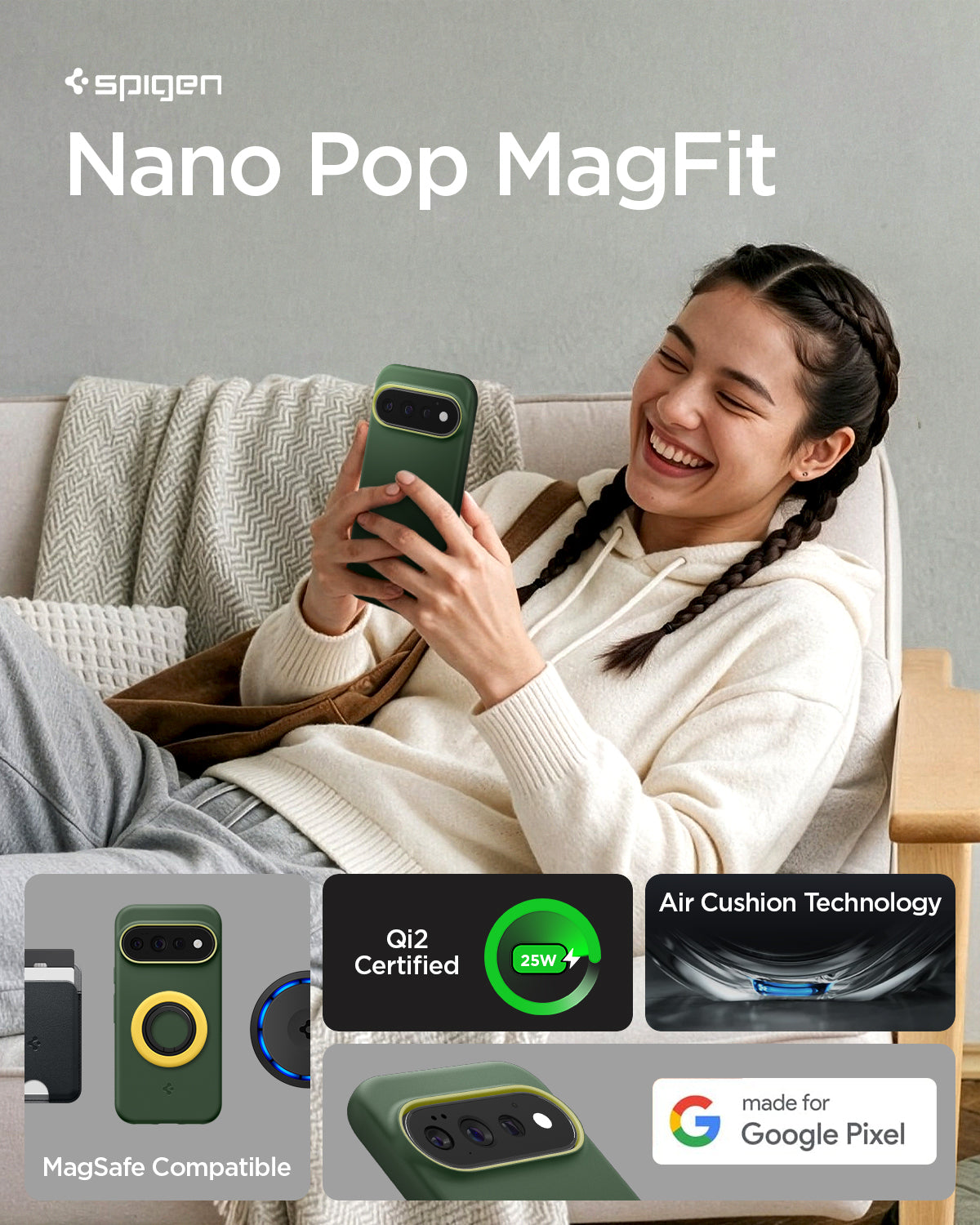 ACS11436 - Pixel 11 Pro  Nano Pop (Mag Fit) Avo Green person holding the Nano Pop MagFit case demonstrating magnetic compatibility, Qi2 certified charging, and everyday use.