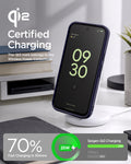 ACS11434 - Pixel 11 Pro  Nano Pop (Mag Fit) Blueberry Navy charging on a wireless charger with the Qi2 certified case installed.