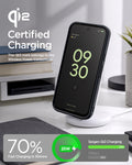 ACS11435 - Pixel 11 Pro  Nano Pop (Mag Fit) Black Sesame charging on a wireless charger with the Qi2 certified case installed.