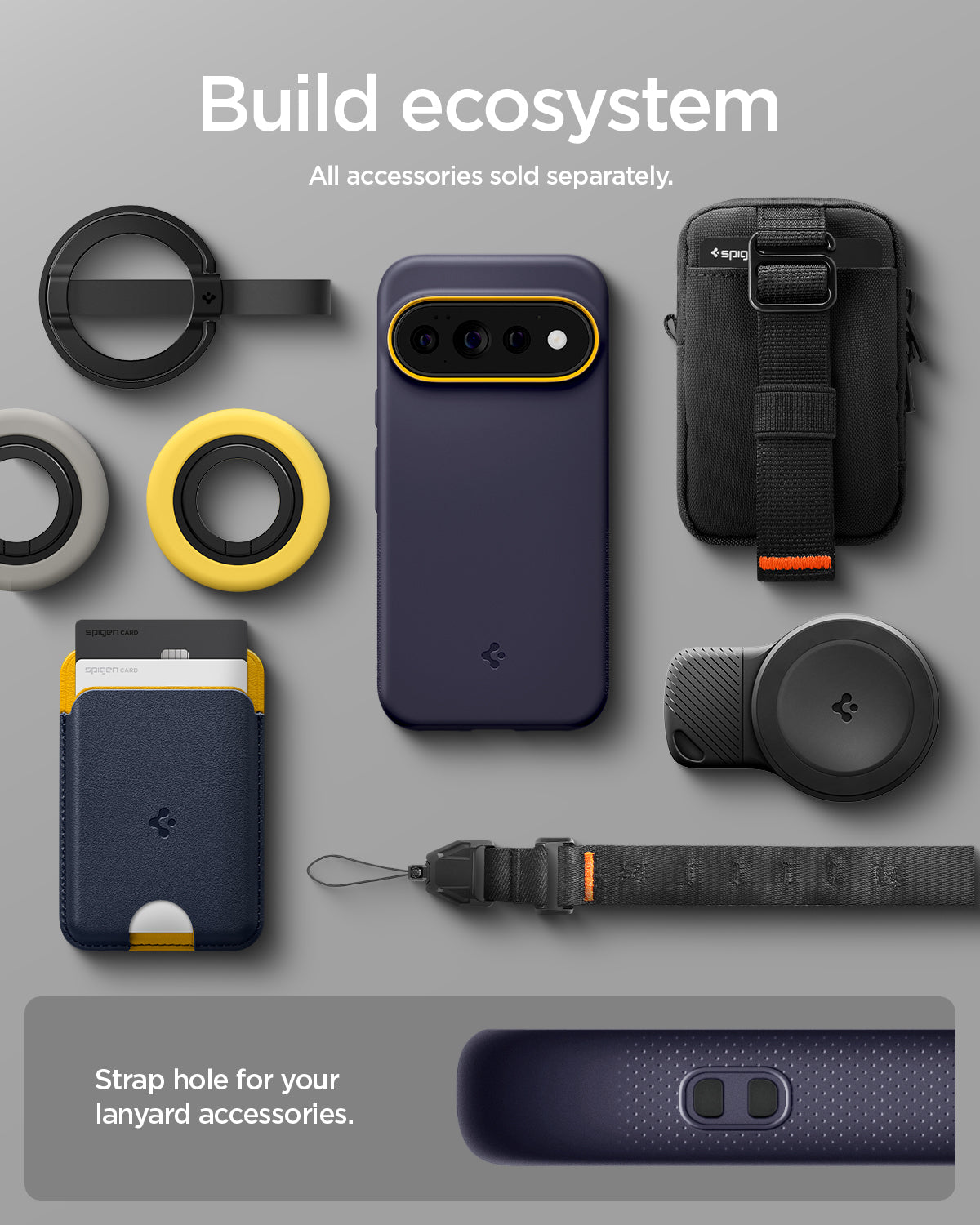 ACS11434 - Pixel 11 Pro  Nano Pop (Mag Fit) Blueberry Navy case shown with compatible magnetic accessories including a wallet, charger, ring grip, pouch, and lanyard.