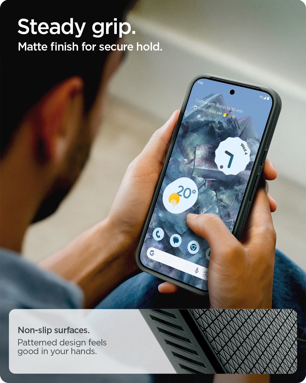 ACS09696 - Pixel 10 Pro Case Liquid Air (MagFit) in green showing the steady grip. Matte finish for secure hold. Non-slip surfaces. Patterned design feels good in your hands.