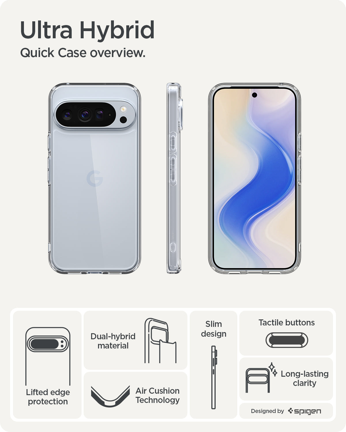 ACS09738 - Pixel 10 Pro XL Case Ultra Hybrid in crystal clear showing the quick case overview. Lifted edge protection, tactile buttons, slim design, air cushion technology