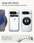 ACS09725 - Pixel 10 Pro XL Case Ultra Hybrid Metal Ring (MagFit) in crystal clear showing the built in magnet ring. More ways to accessorize and charge your pixel. Snap into pixel. Pair it up with essential MagFit accessories.