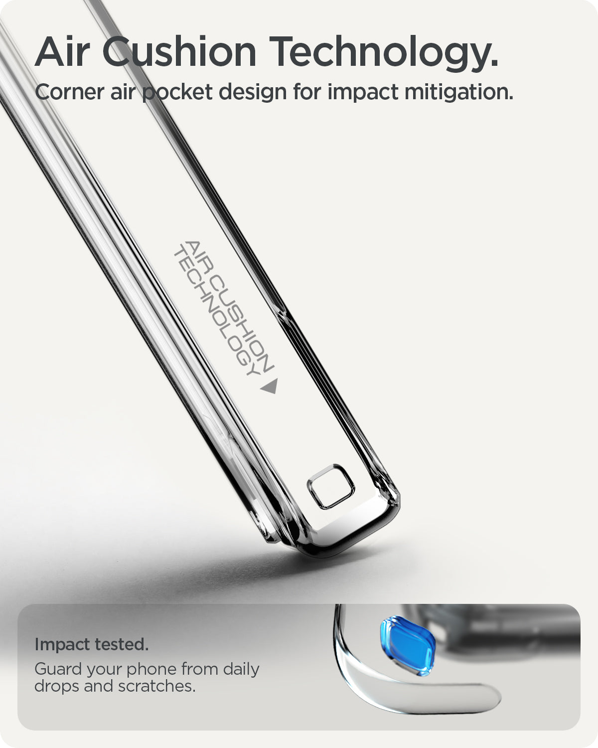 ACS09715  - Pixel 10 / Pixel 10 Pro Case Ultra Hybrid in crystal clear showing the air cushion technology. Corner air pocket design for impact mitigation. Impact tested to guard your phone from daily drops and scratches