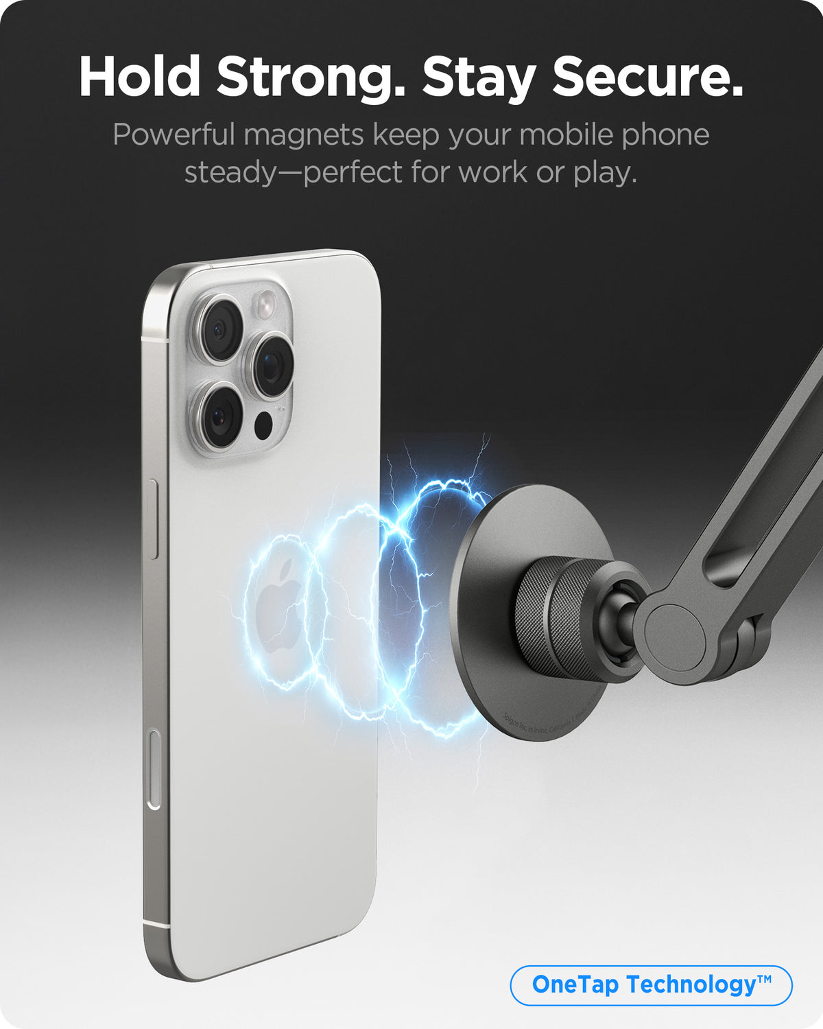 AMP09694 - Phone OneTap Clamp (MagFit) in Space Gray showing hold strong. stay secure