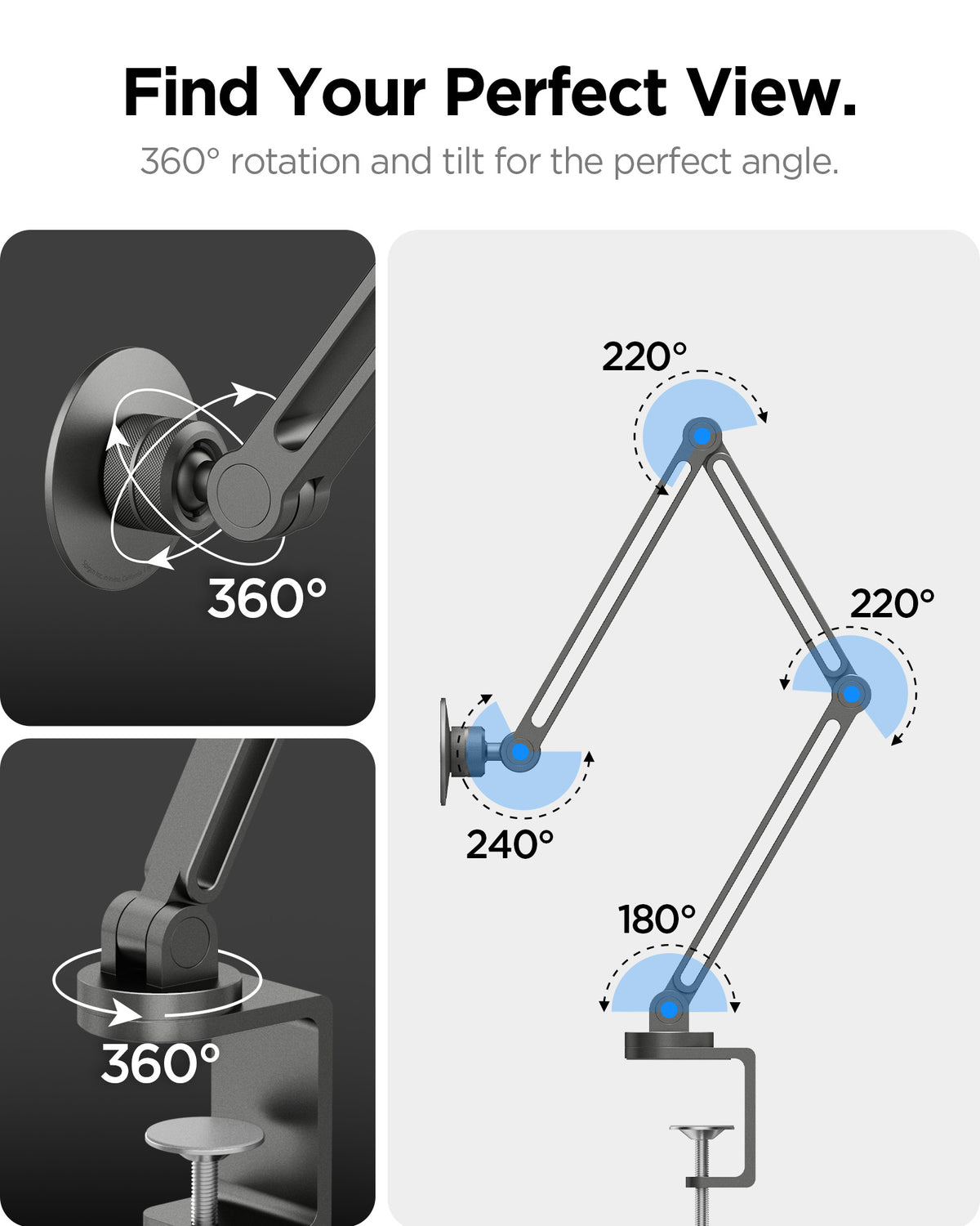 AMP09694 - Phone OneTap Clamp (MagFit) in Space Gray showing find your perfect view