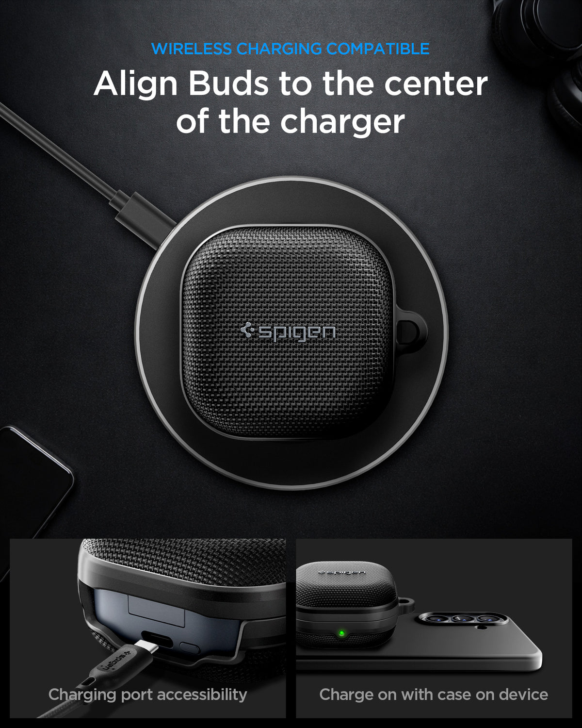 ACS11203 - Galaxy Buds 4 Series - Classic Fit in Black showing wireless charging compatible. align buds to the center of the charger