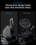 ACS11202 - Galaxy Buds 4 Series - Lock Fit in Matte Black showing drop protection. strong lock design holds case shut and buds intact
