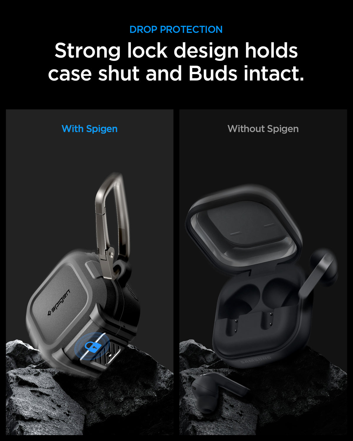 ACS11202 - Galaxy Buds 4 Series - Lock Fit in Matte Black showing drop protection. strong lock design holds case shut and buds intact