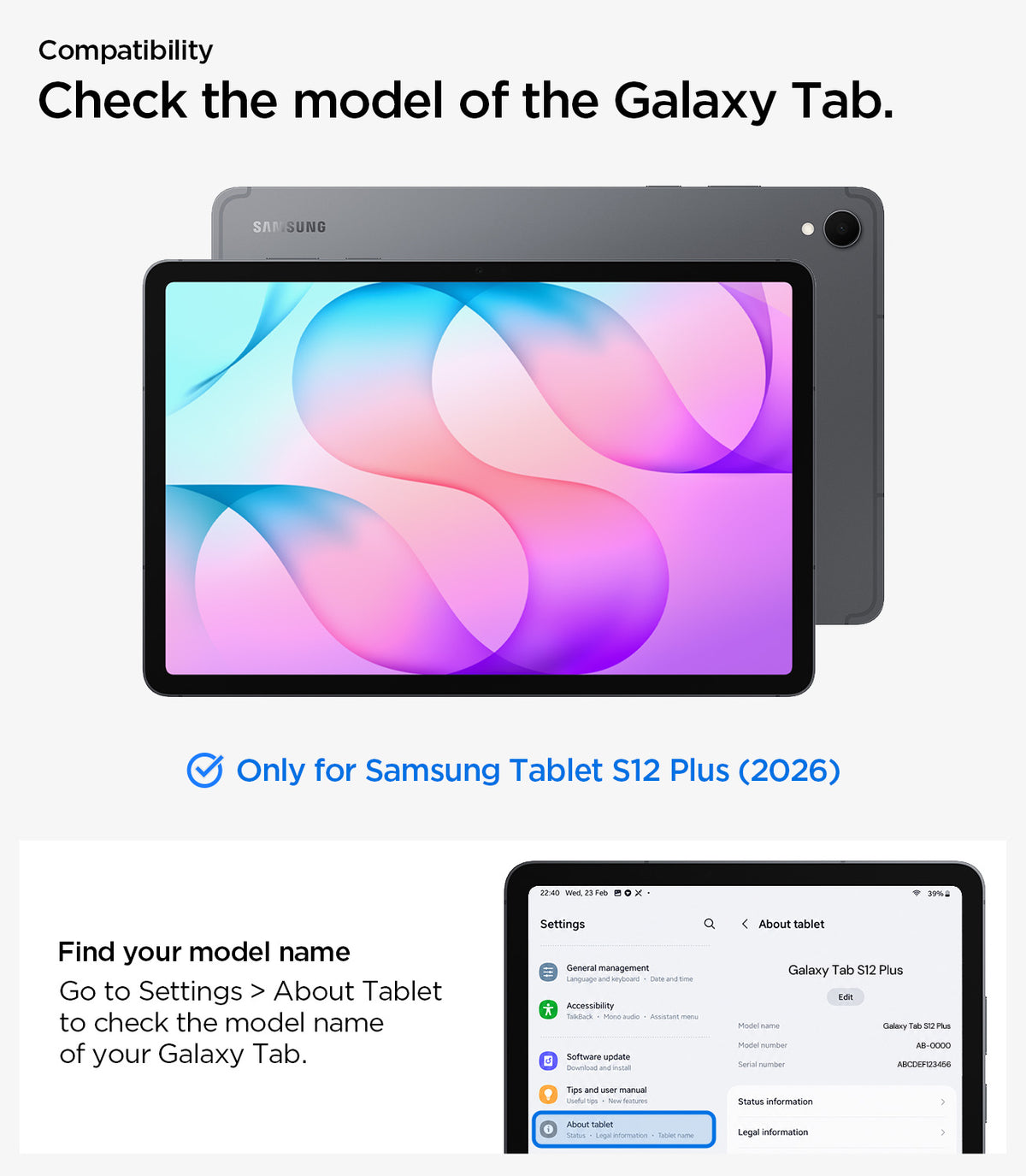  ACS11828 - Galaxy Tab S12+ Liquid Air Folio showing compatibility information for the Galaxy Tab S12 Plus (2026) and instructions for checking the tablet model.