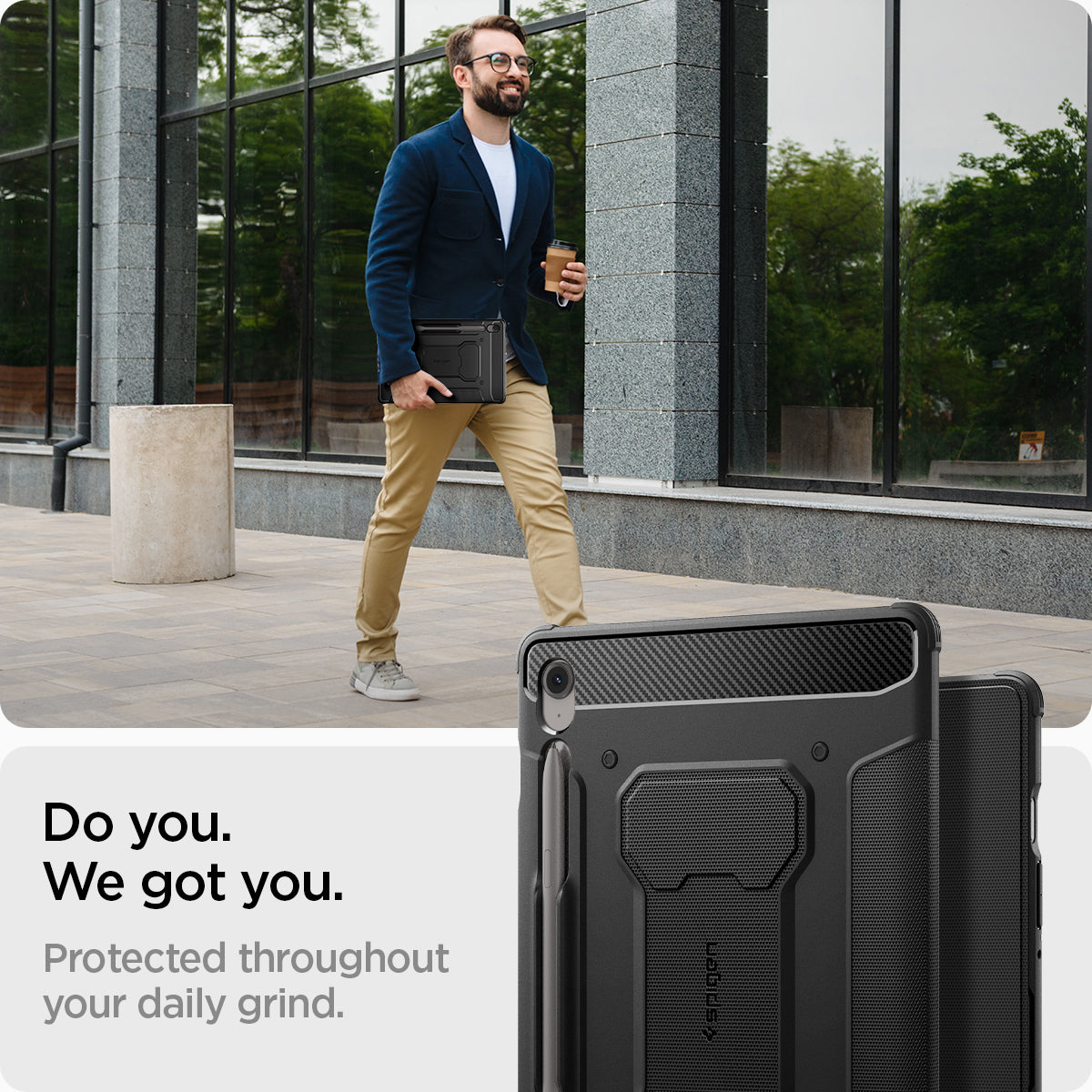 ACS09381 - Galaxy Tab S10 FE+ Case Rugged Armor Pro in Matte Black showing the protection throughout your daily grind