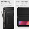 ACS09380 - Galaxy Tab S10 FE Case Rugged Armor Pro in Matte Black showing the S-Pen storage. Easily access and store your S Pen on the go. Screen cover keeps the display scratch-free