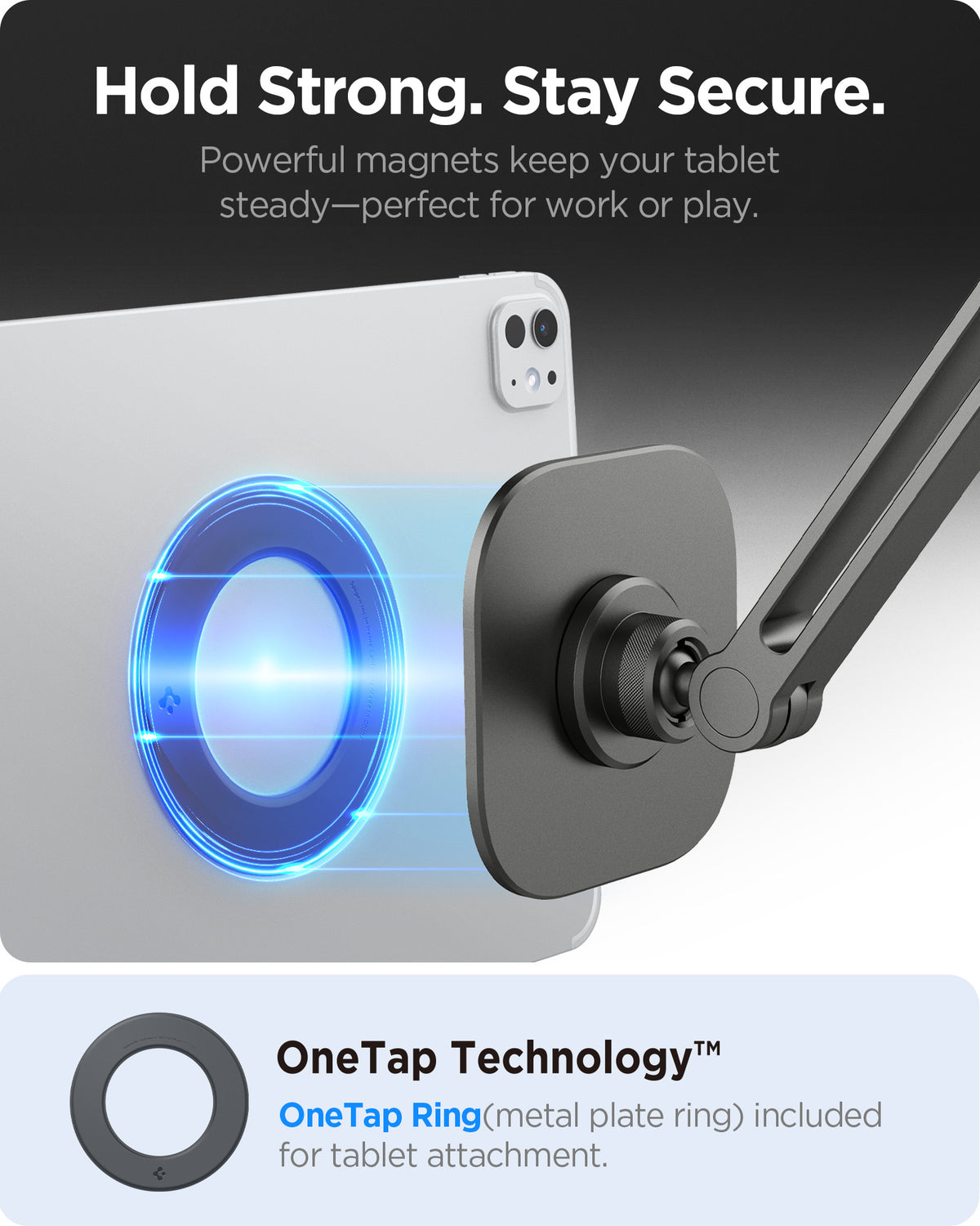 AMP09191 - OneTap Clamp in Space Gray showing the powerful magnets keep your tablet steady - perfect for work or play with OneTap Technology. OneTap Ring(metal plate ring) included for tablet attachment