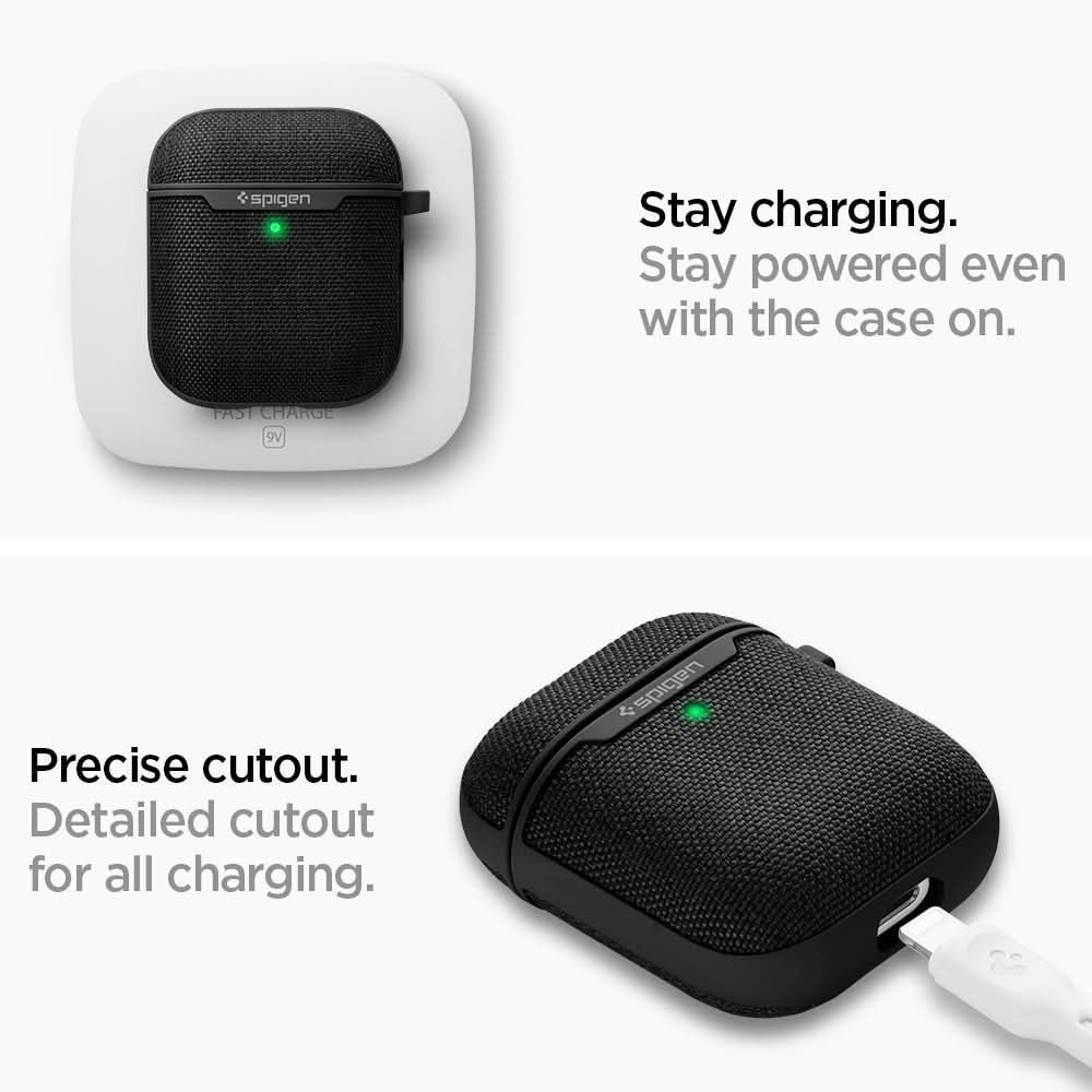 074CS27030 - Apple AirPods 1 / 2 Case Urban Fit in black showing how it stays charging. Stay powered even with the case on. Precise cutout. Detailed cutout for all charging