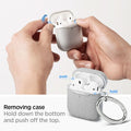 074CS27031 - Apple AirPods 1 / 2 Case Urban Fit in gray showing how to remove the case. Hold down the bottom and push off the top