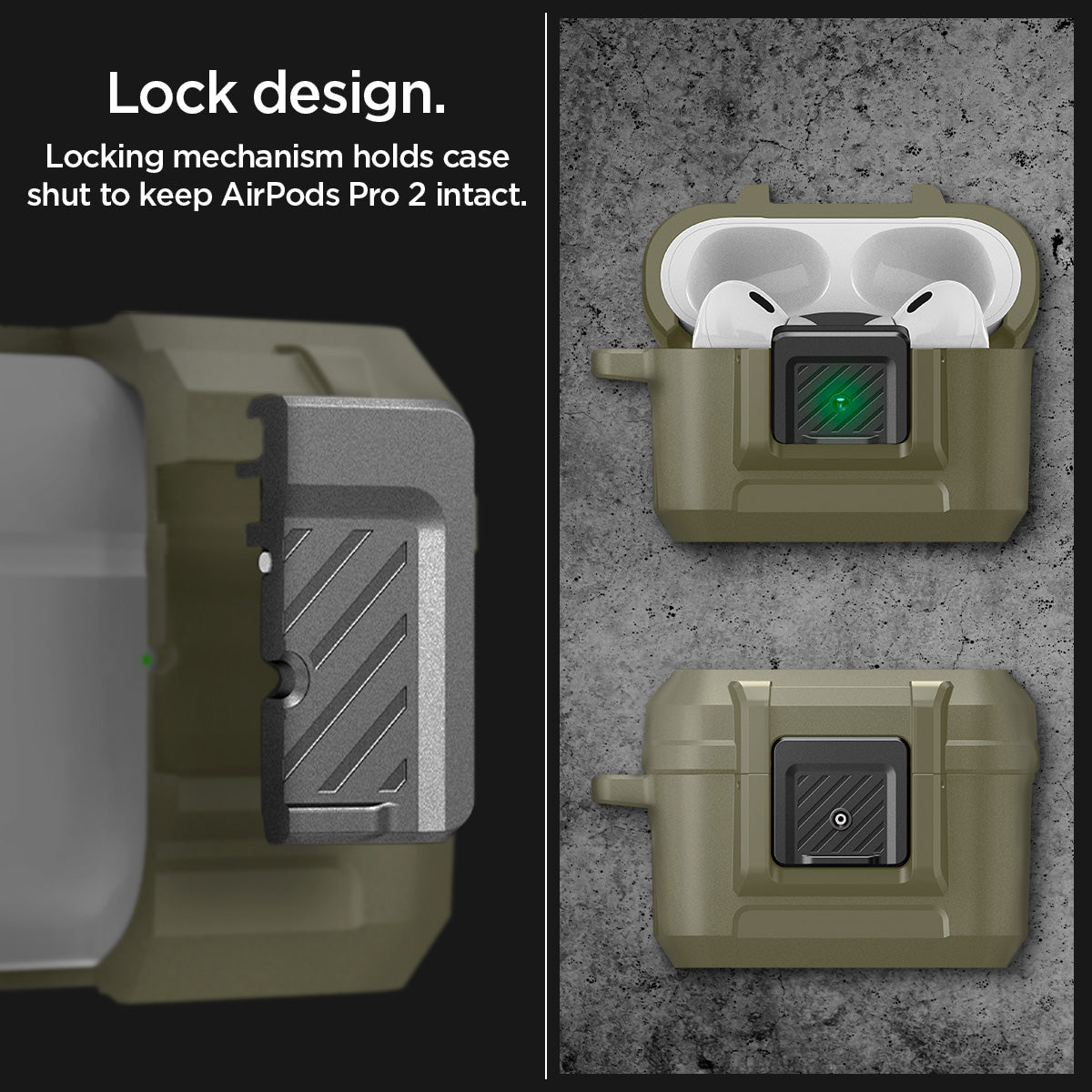 ACS05911 - Apple AirPods Pro 2 Case Lock Fit in vintage khaki showing lock design. Locking mechanism holds case shut to keep AirPods Pro 2 intact