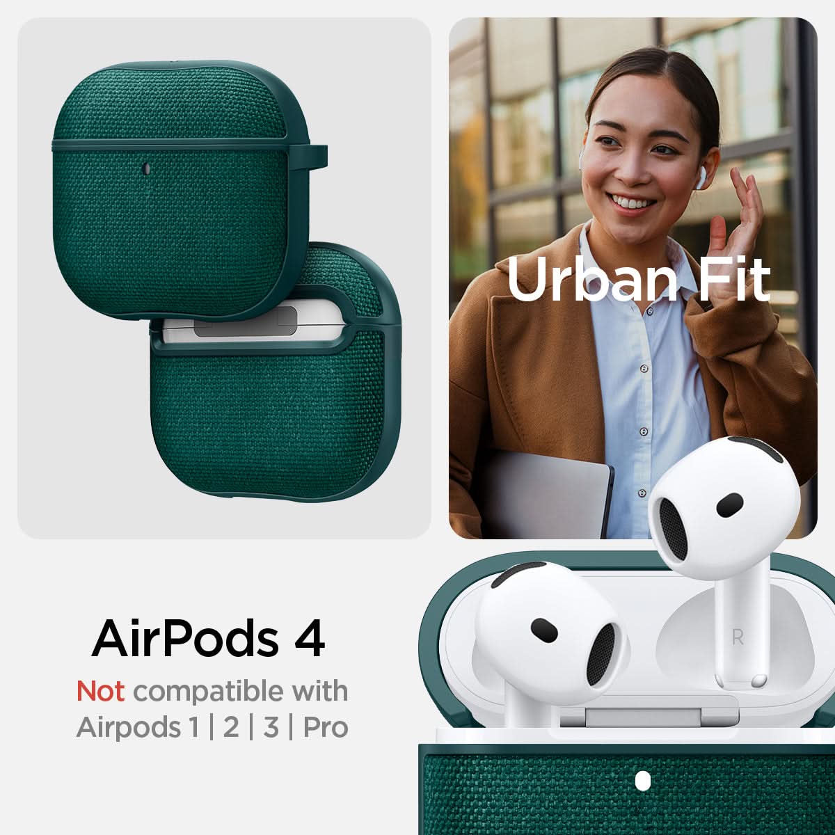ACS08650 - AirPods 4 Pro / AirPods 4 Case Urban Fit in Midnight Green showing the AirPods 4 not compatible with AirPods 1 | 2 | 3 | Pro