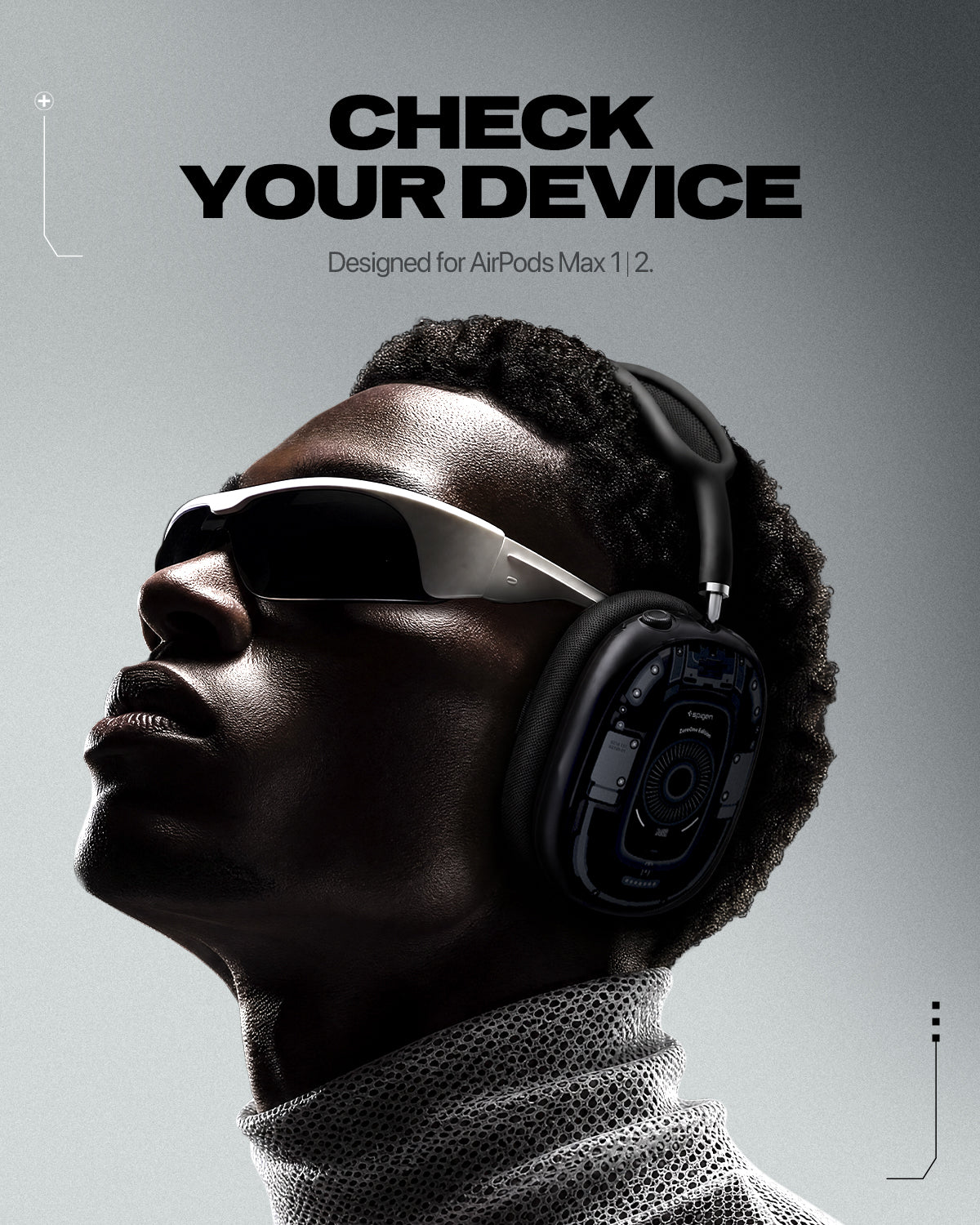 ACS05592 - Airpods Max Series Ultra Hybrid Pro Zero One showing person wearing AirPods Max with Ultra Hybrid Zero One case featuring teardown internal print design