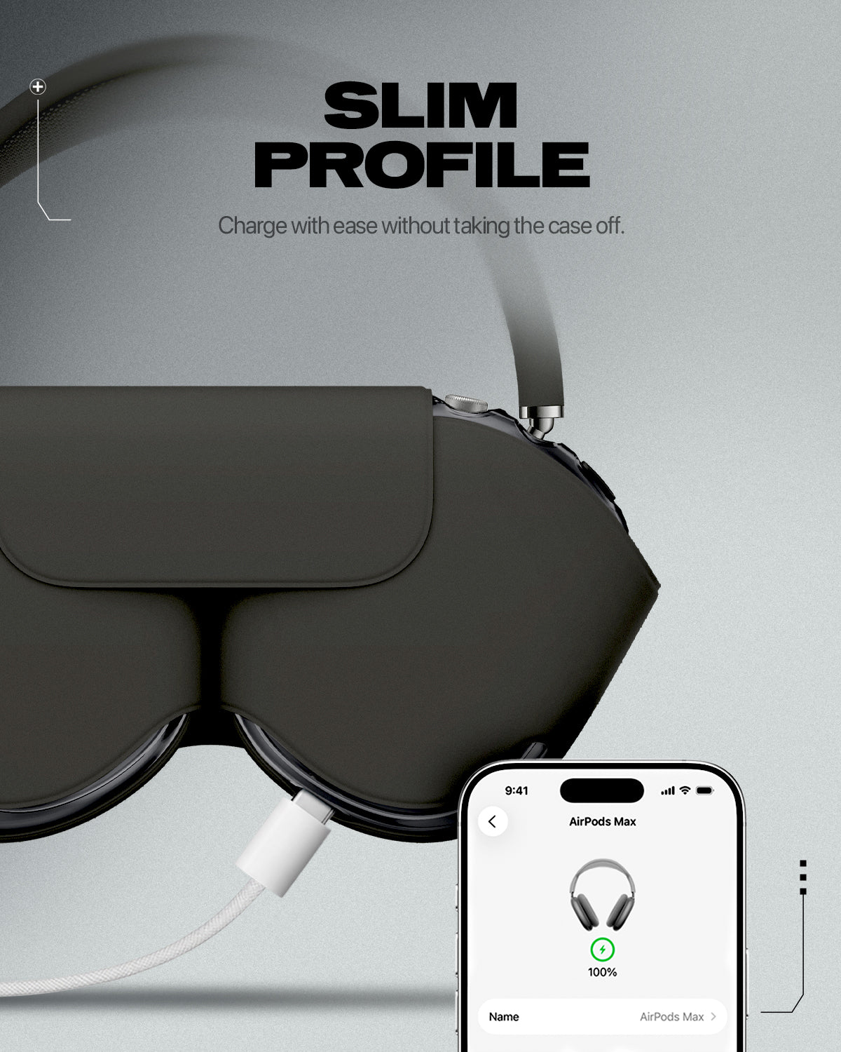 ACS05592 - Airpods Max Series Ultra Hybrid Pro Zero One showing AirPods Max with case attached charging via cable with iPhone displaying full battery status on screen