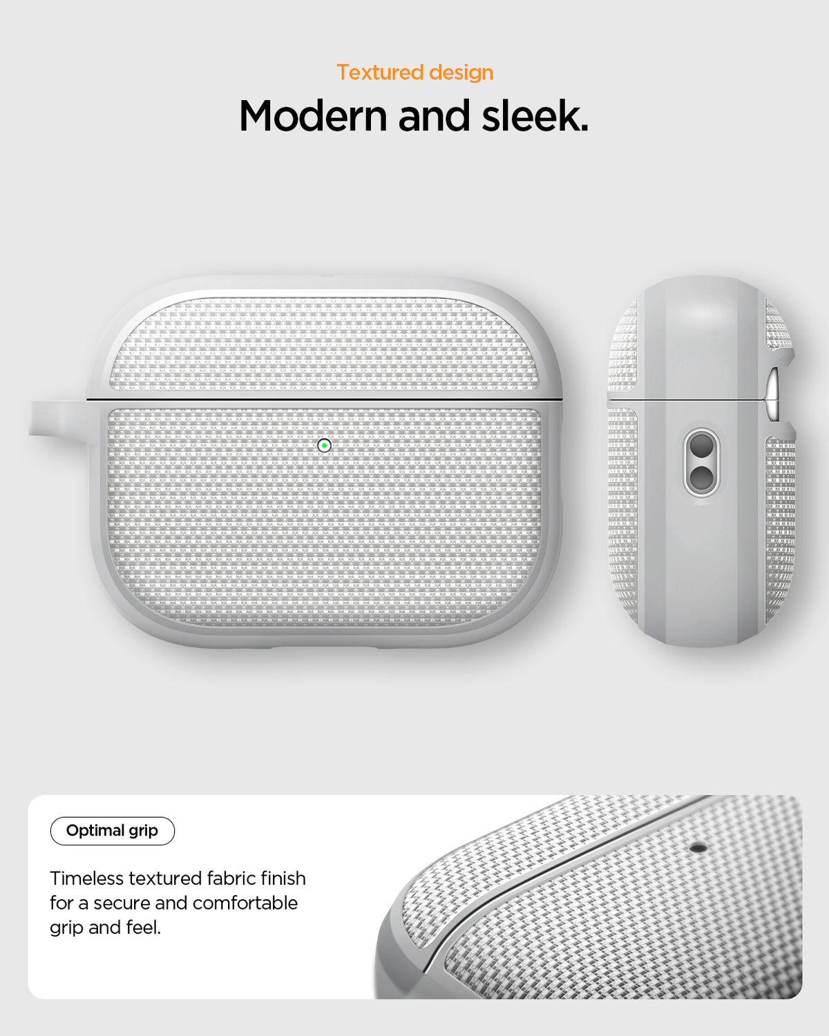 ACS11144 - AirPods Pro 3 Classic Fit case showing modern textured fabric design with front and side views highlighting optimal grip and sleek finish