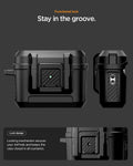 ACS09825 - AirPods Pro 3 Lock Fit in Matte Black showing functional lock. stay in the groove. lock design. locking mechanism secures your airpods and keeps the case closed in all scenarios