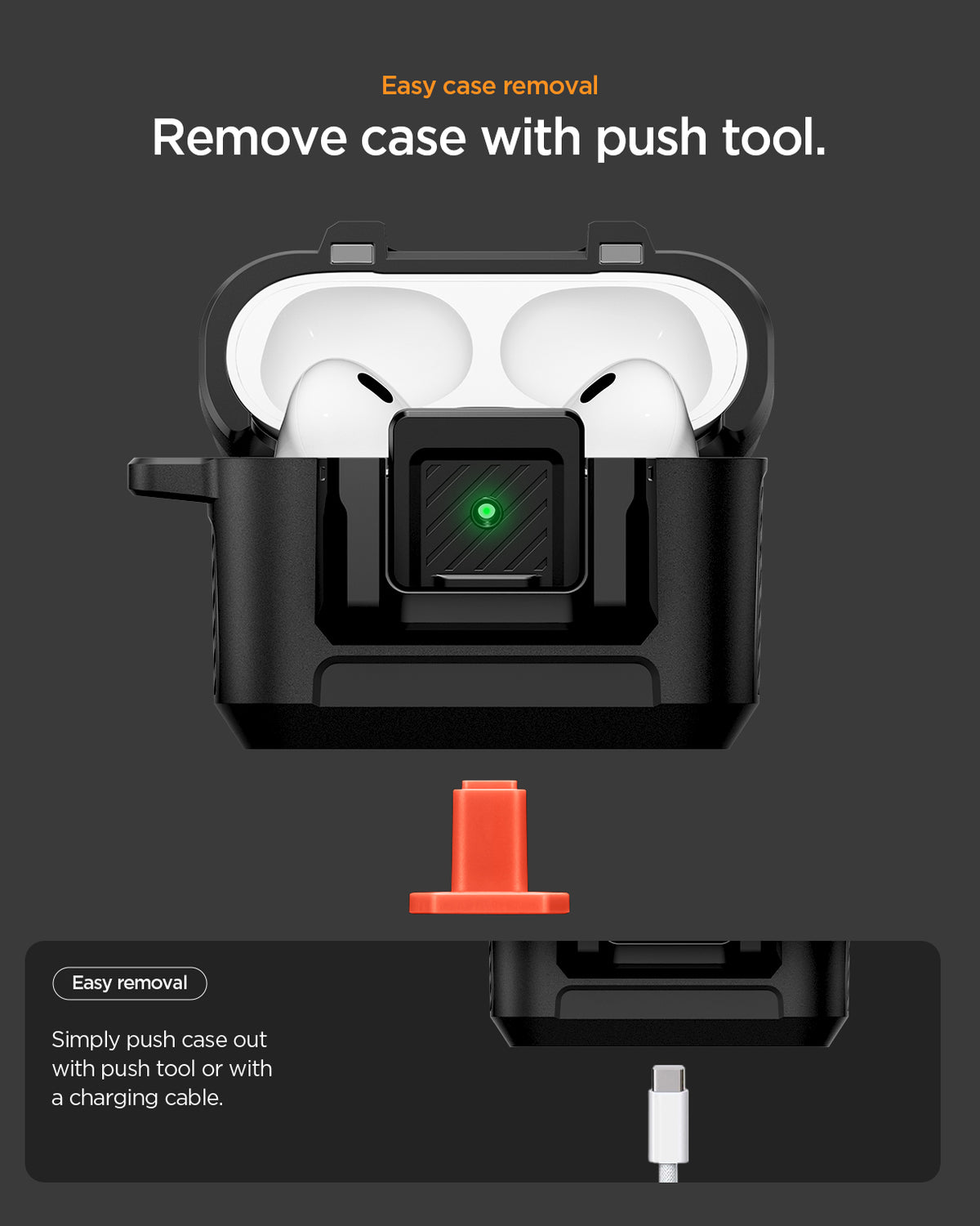 ACS09825 - AirPods Pro 3 Lock Fit in Matte Black showing easy case removal. push case out with cable