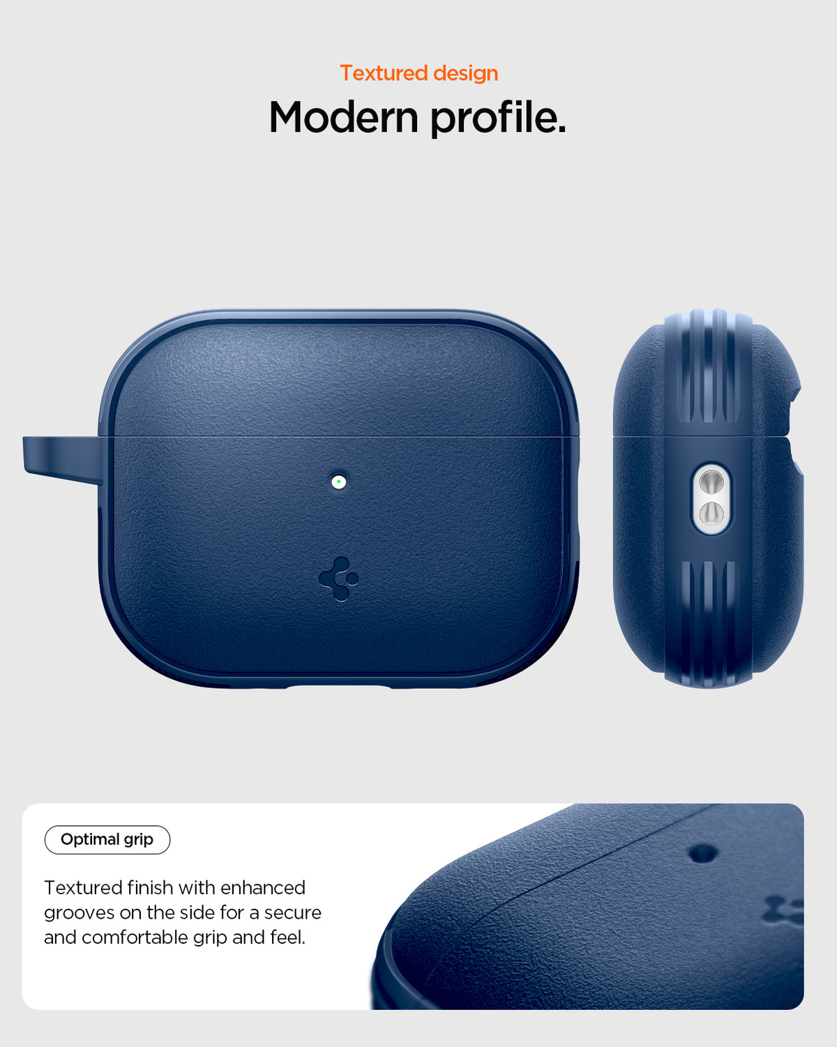 ACS09828 - AirPods Pro 3 Spigen Vault in Navy Blue showing textured design. Optimal grip. Textured finish with enhanced grooves on the side for a secure and comfortable grip and feel