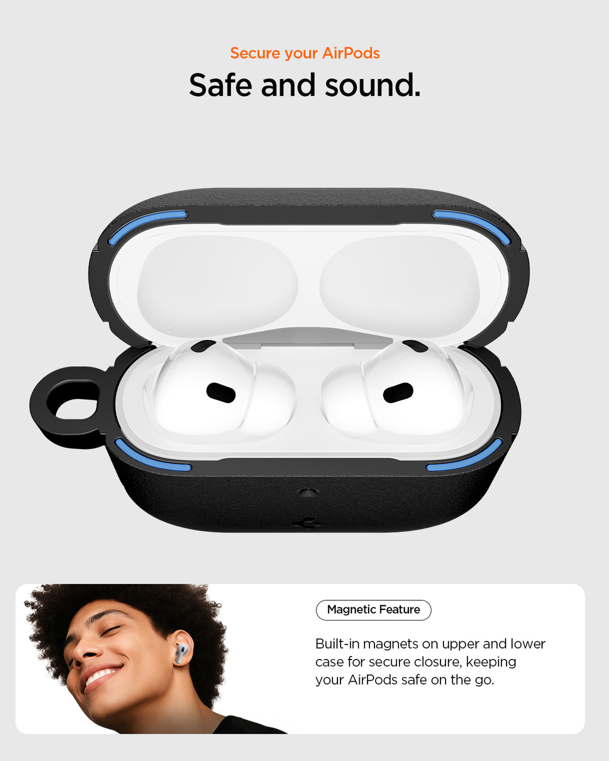 ACS09826 - AirPods Pro 3 Spigen Vault in Matte Black showing secure your airpods. safe and sound. Magnetic feature. Built in magnets on upper and lower case for secure closure, keeping your airpods safe on the go