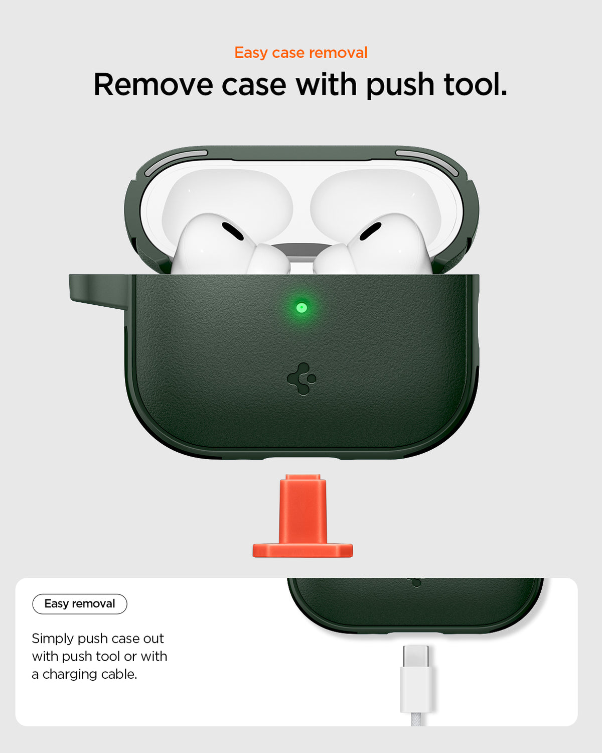 ACS09827 - AirPods Pro 3 Spigen Vault in Midnight Green showing easy case removal. Push case out with cable