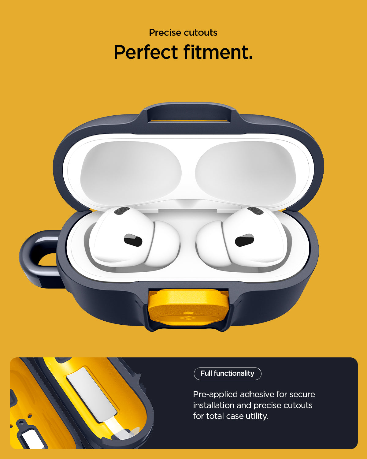 ACS09829 - AirPods Pro 3 Nano Pop in Blueberry Navy showing precise cutouts perfect fitment. Full functionality. Pre applied adhesive for secure installation and precise cutouts for total case utility